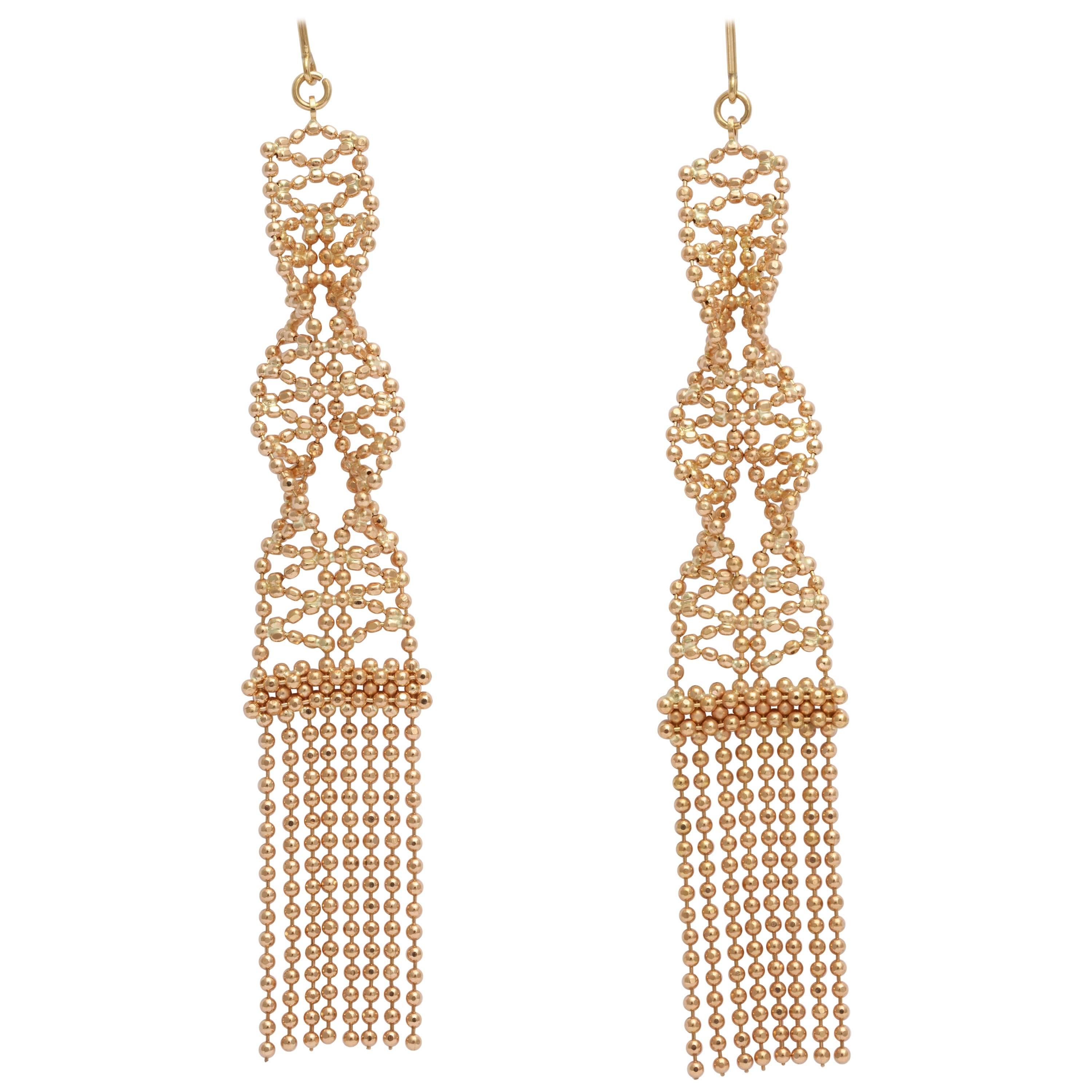 Delicate Two Color Gold Ball Chain Earrings. For Sale