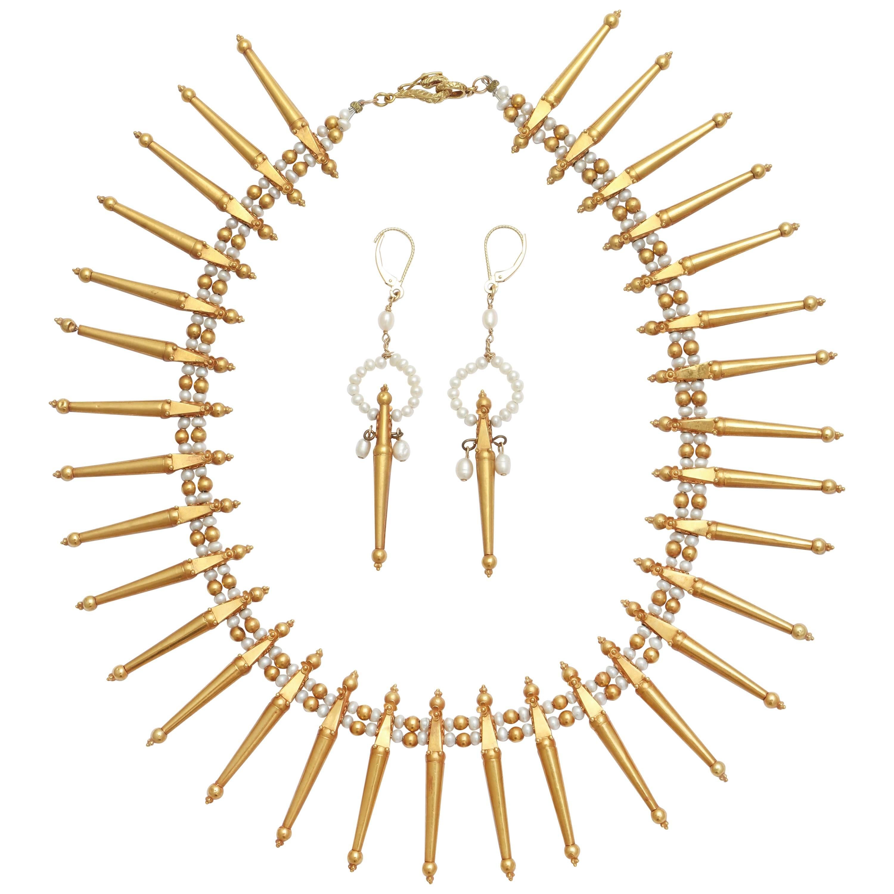 Classical Gold and Pearl Fringe Necklace and Earrings For Sale