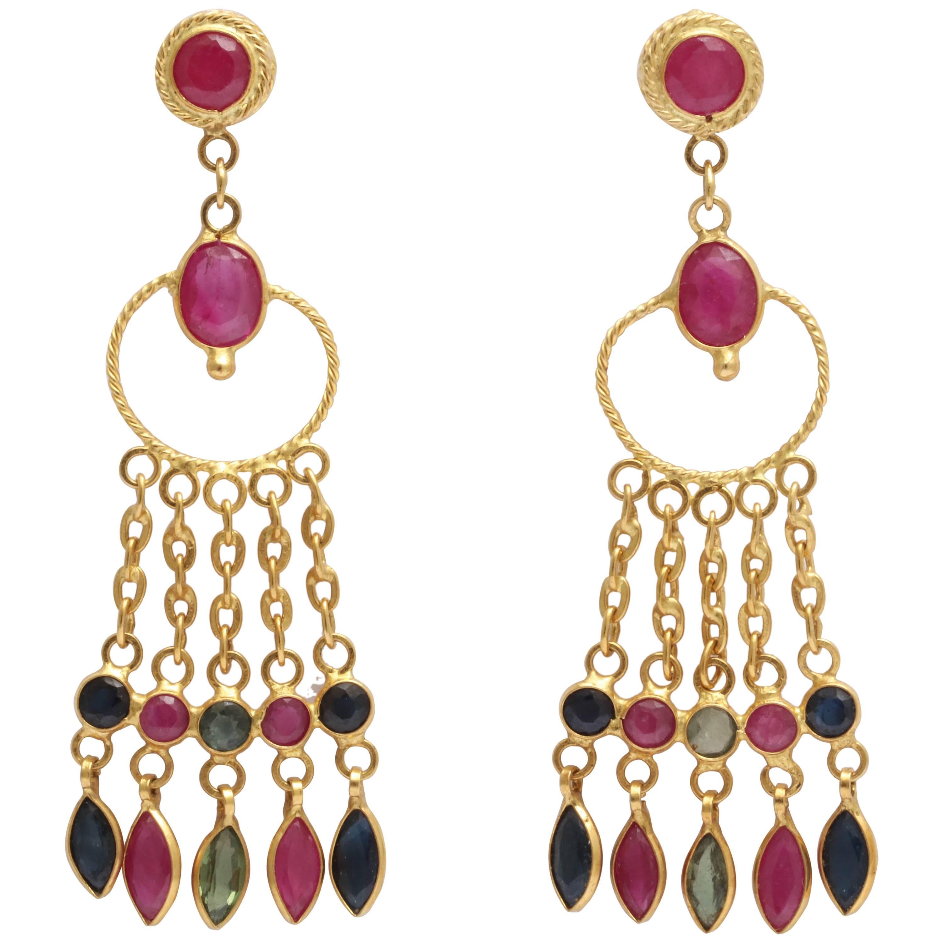 Elegant Ruby Sapphire Gold Earrings For Sale
