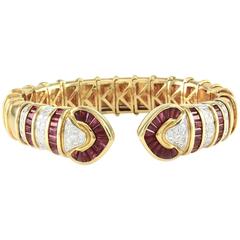 Genuine Ruby & Diamond Flexible Cuff Bracelet in 18K Yellow Gold