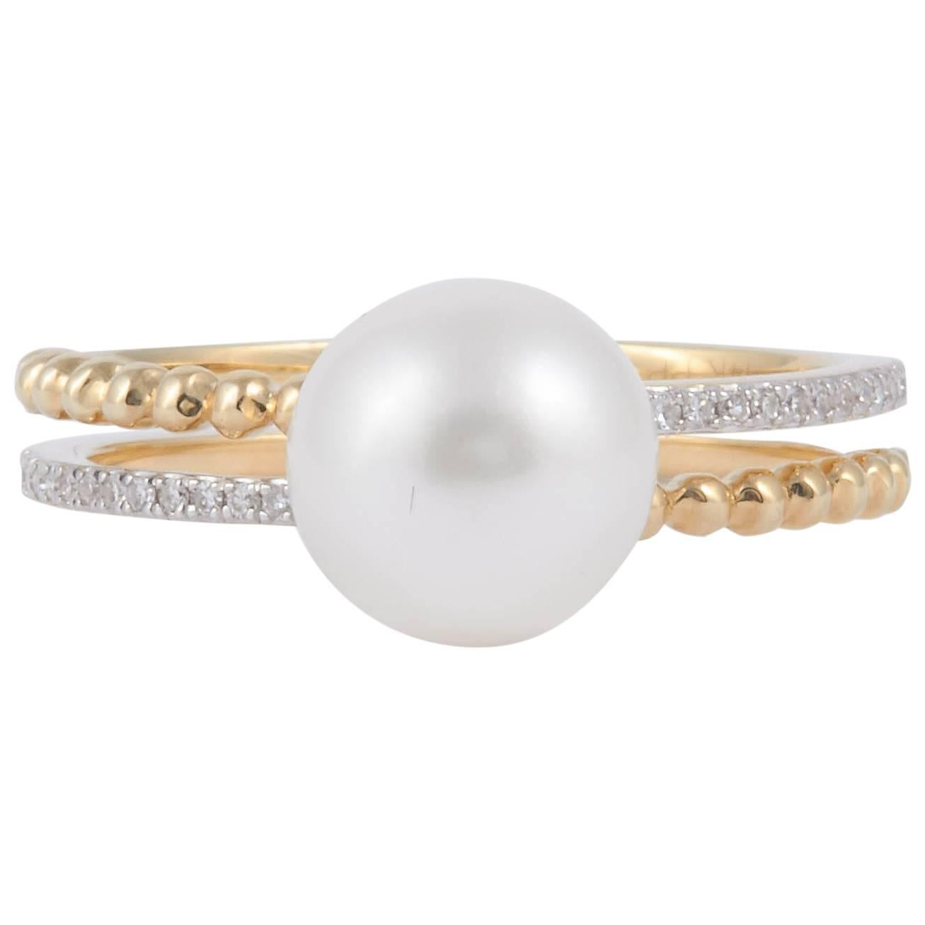 Cultured Pearl Diamond Gold Double Band Ring