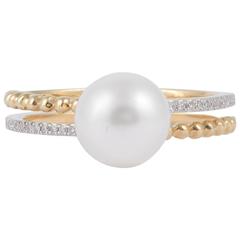 Cultured Pearl Diamond Gold Double Band Ring