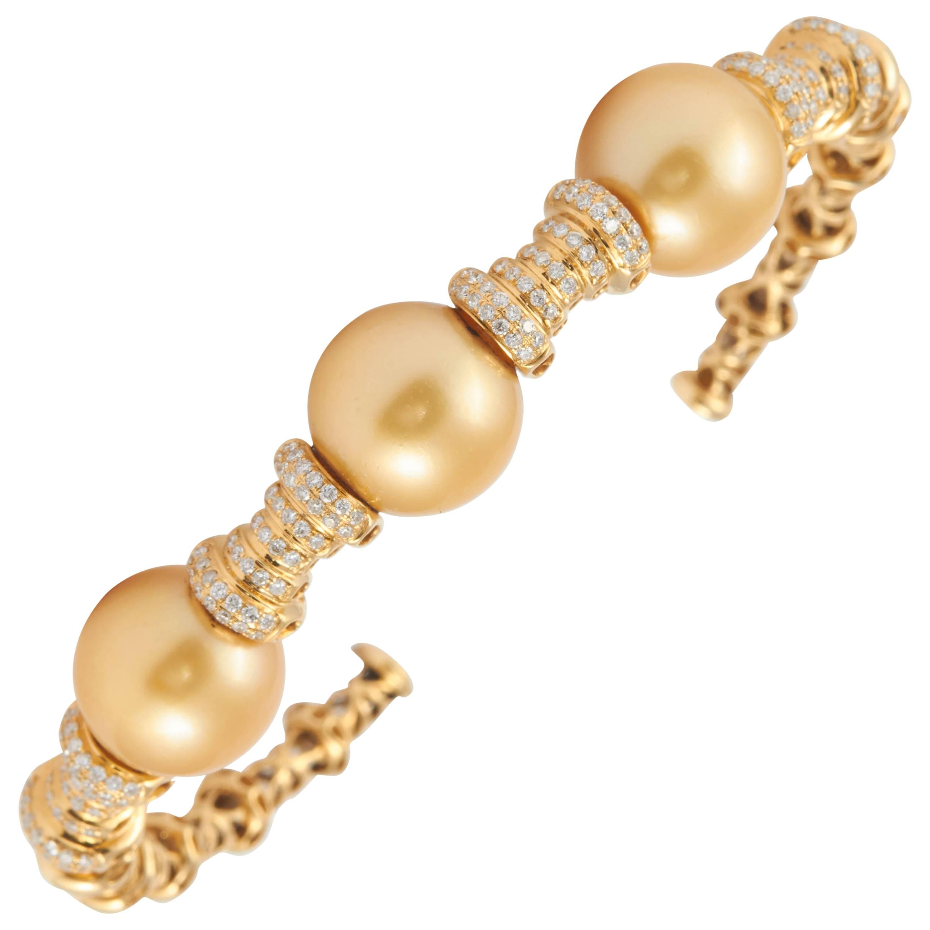 Golden South Sea Pearls Diamond Bangle Cuff Bracelet