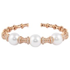 South Sea Pearl Diamond Gold Bangle Cuff  Bracelet