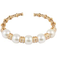 South Sea Pearl Diamond Gold Cuff Bracelet