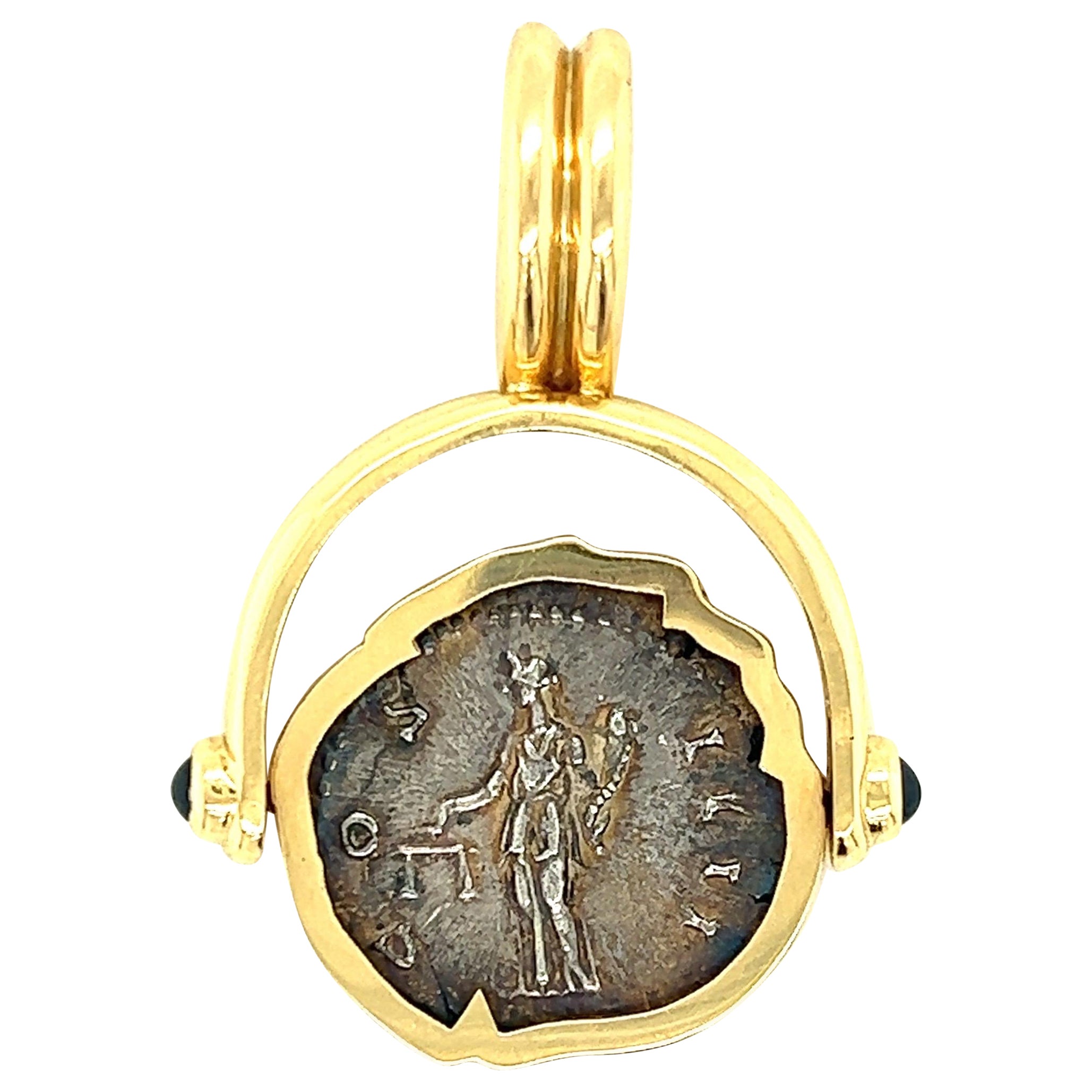 Silver Denarius Coin Antonius Pius Flip Pendant with Cabochon Sapphires For Sale