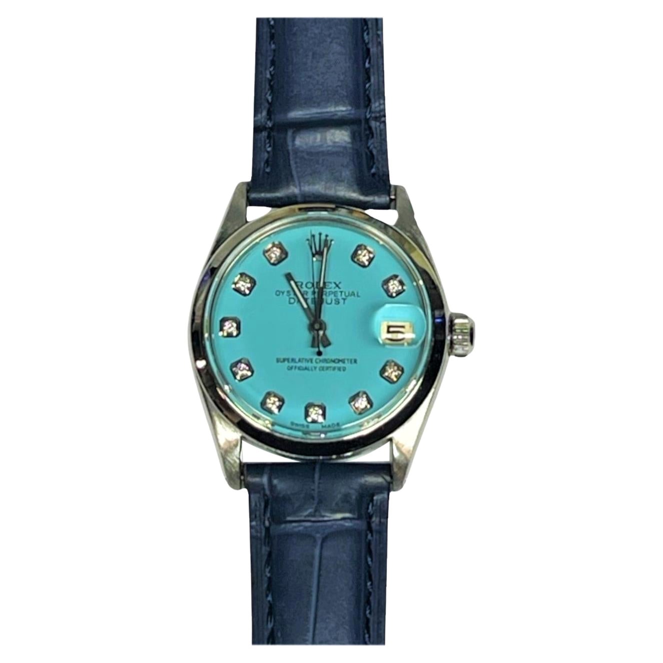 Rolex Montre Datejust en cuir bleue avec diamants 6694 pour femmes en vente