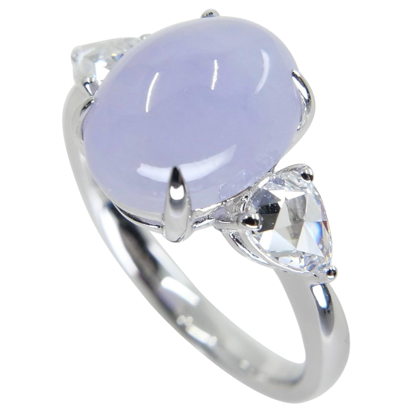 Certified 4.01 Carats Lavender Jade & Rose Cut Pear Shaped Diamond 3 Stone Ring For Sale