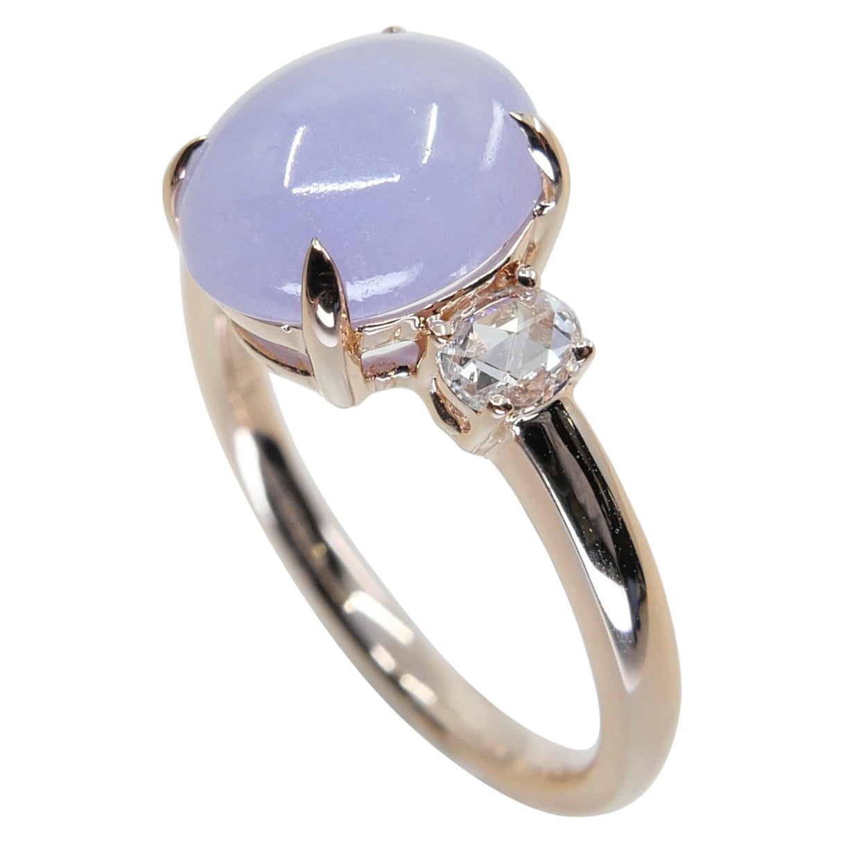 Certified 3.48cts Lavender Jade & Rose Cut Diamond 3 Stone Ring, 18k Rose Gold For Sale