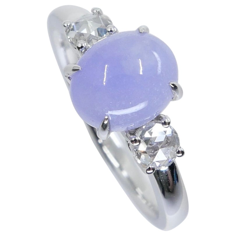 Certified 2.06 Carats Intense Lavender Jade & Rose Cut Diamond 3 Stone Ring For Sale