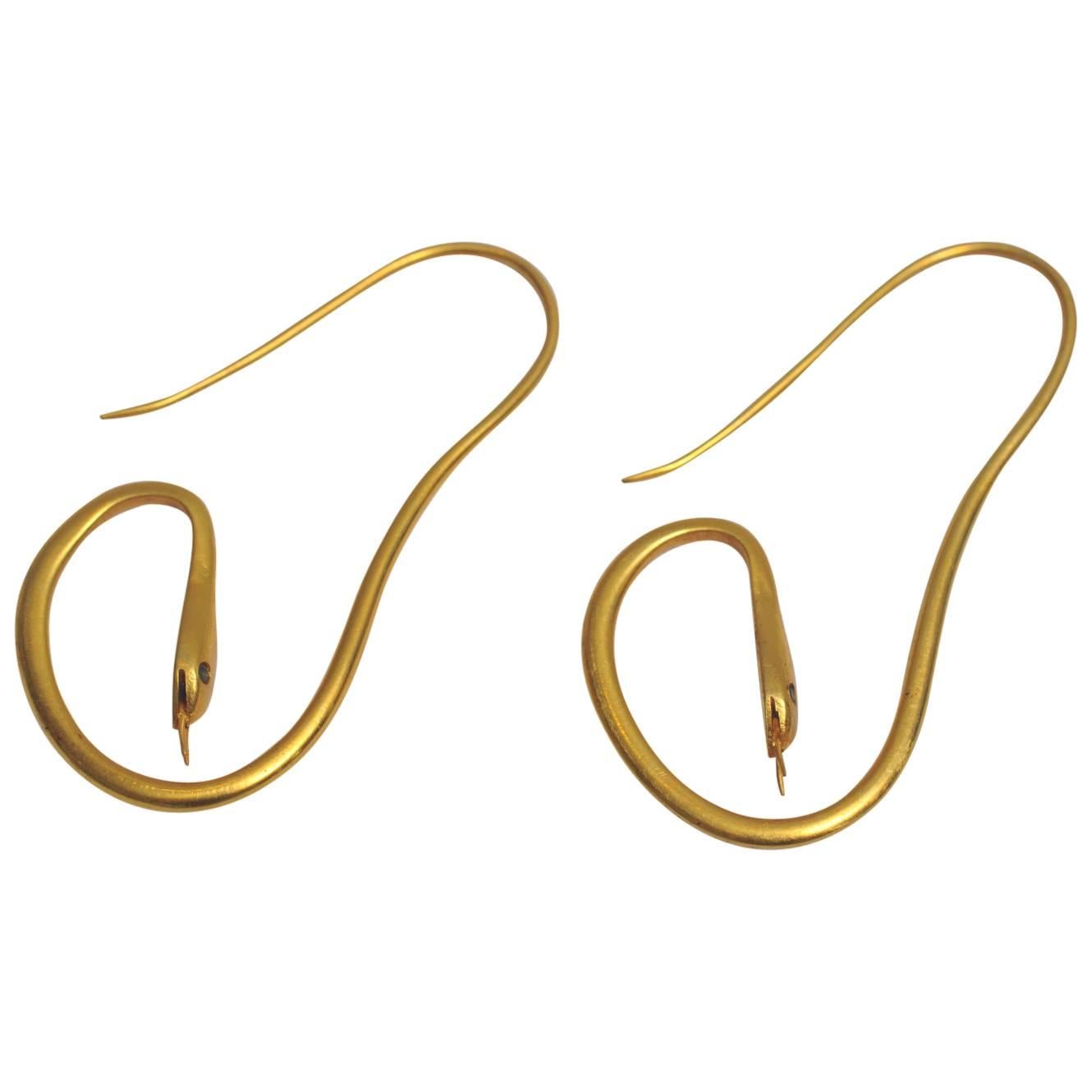22 Karat Gold Snake Earrings with Sapphire Eyes