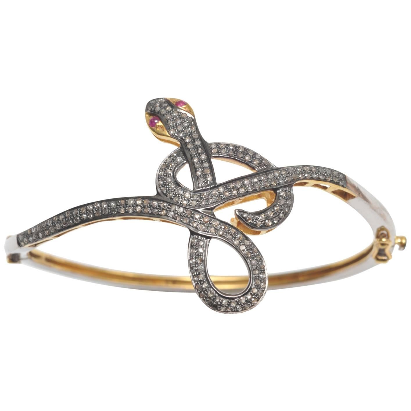 Pave`- Set Diamond and Sterling Silver Snake Bracelet