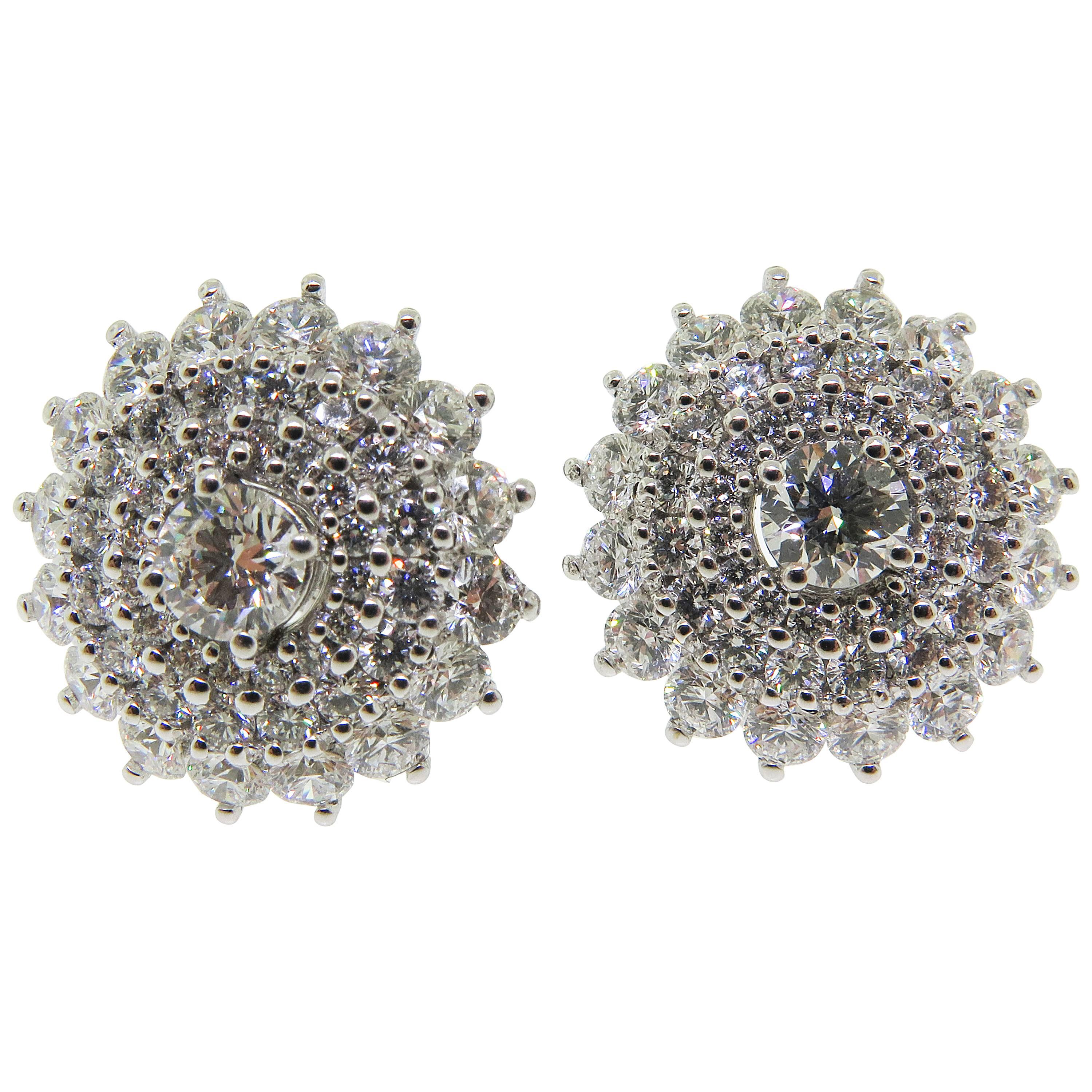 4.58 Carats Round Diamonds Gold Cluster Earrings