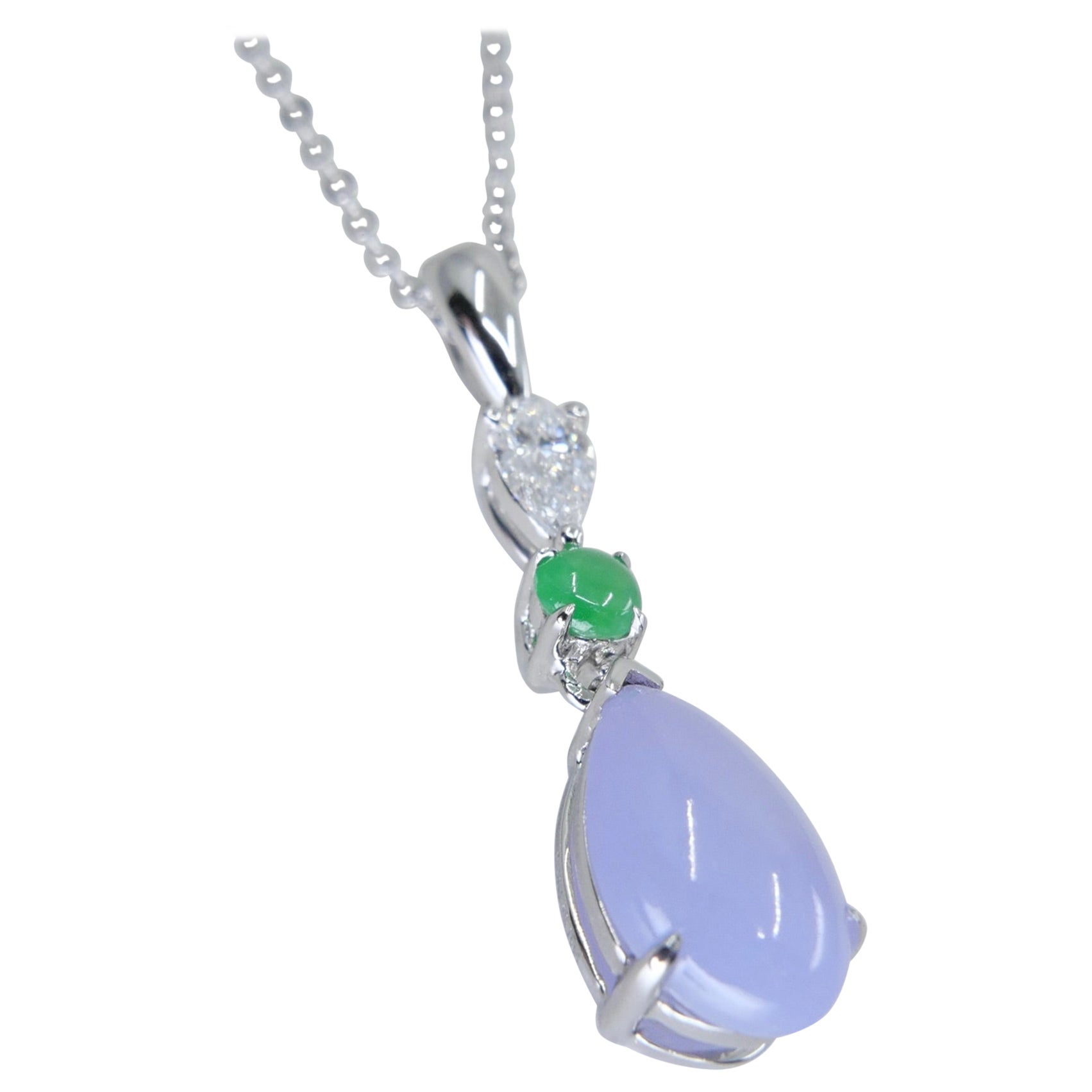 Certified 1.95 Carats Lavender Jade & Pear Cut Diamond Drop Pendant Necklace For Sale