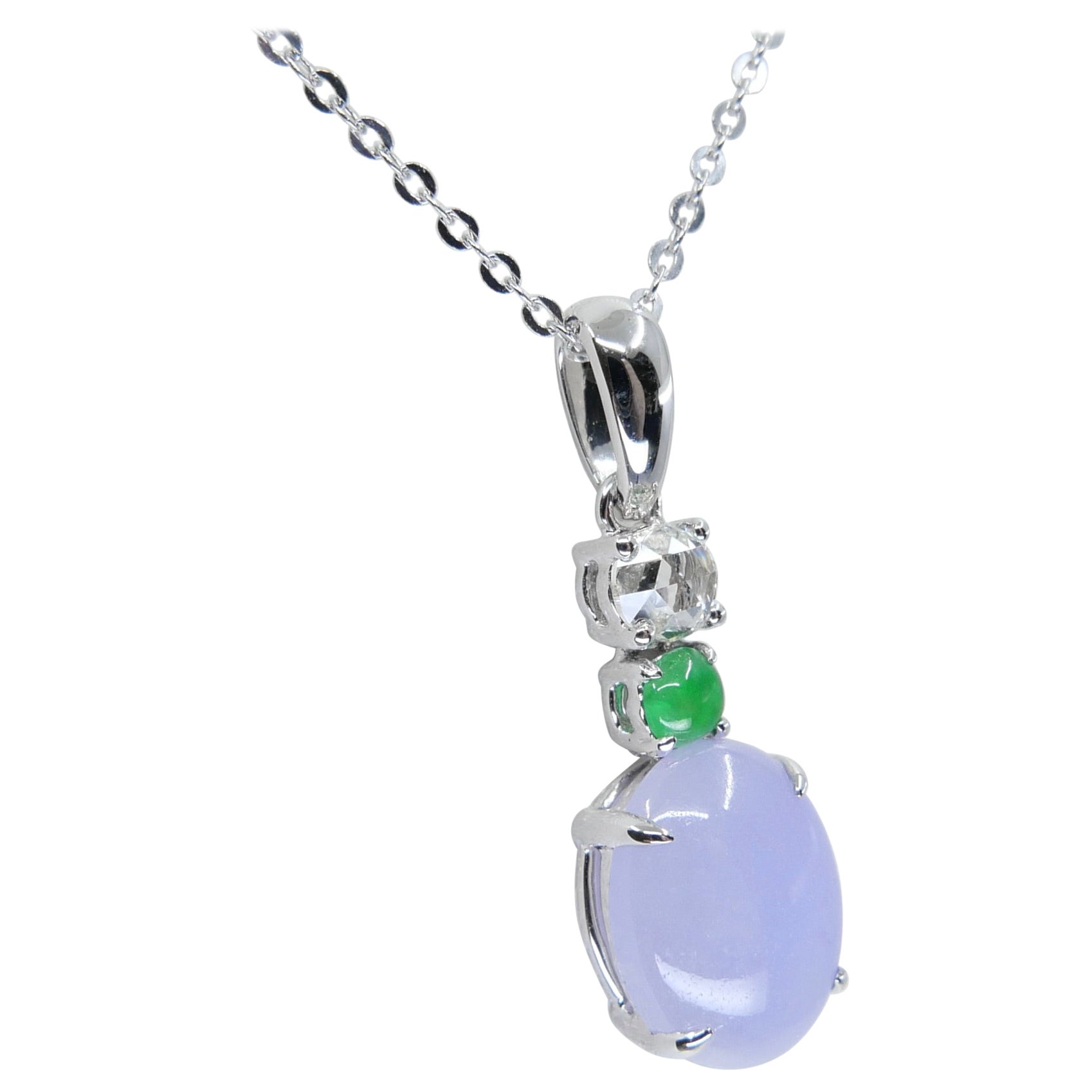 Certified 2.45cts Lavender Jade & New Rose Cut Diamond Drop Pendant Necklace For Sale