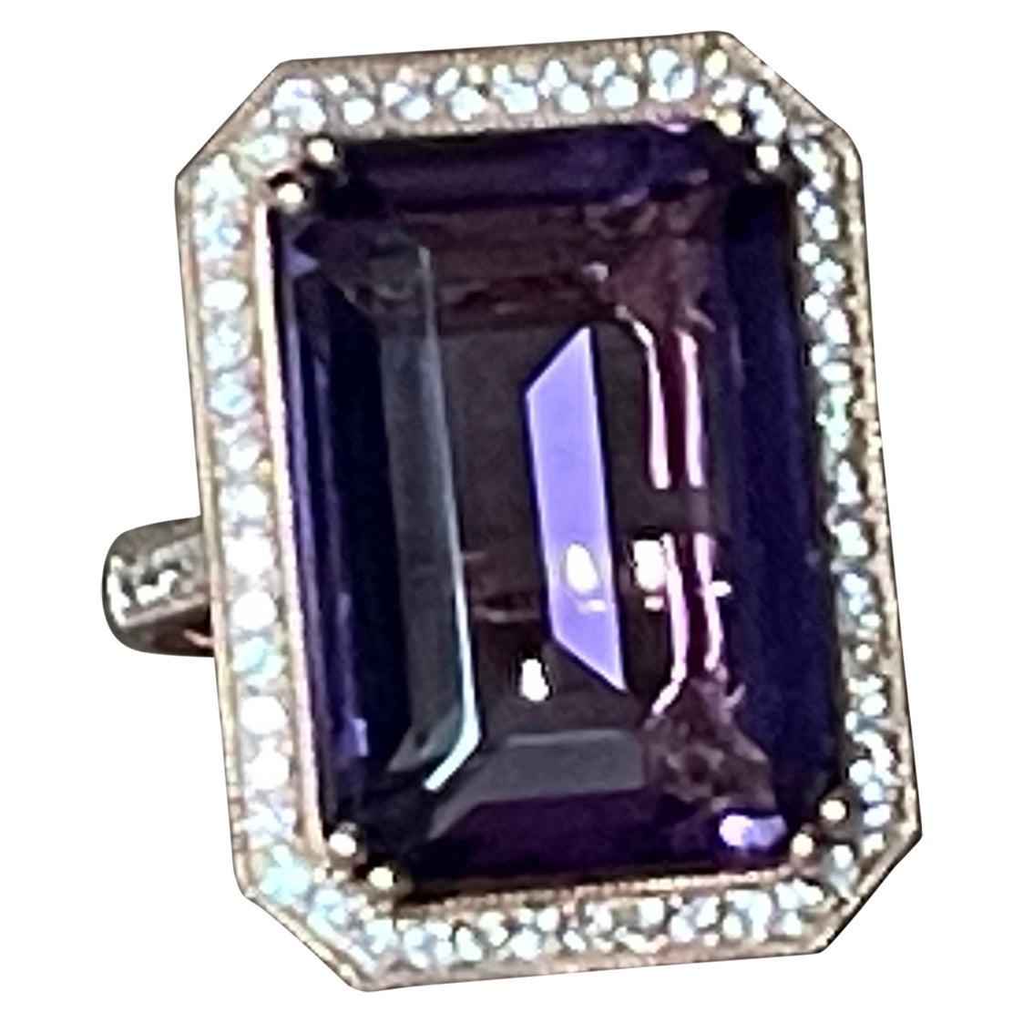 18 K Rose Gold Emerald Cut Rose De France Amethyst Diamond Cocktail Ring For Sale