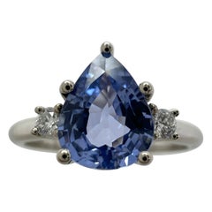 Fine Ceylon Blue Sapphire & Diamond 18k White Gold Pear Cut Three Stone Ring