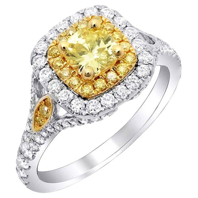 1.50ct Canary Fancy Yellow Cushion Double Halo Diamond Ring SI1 GIA Certified For Sale