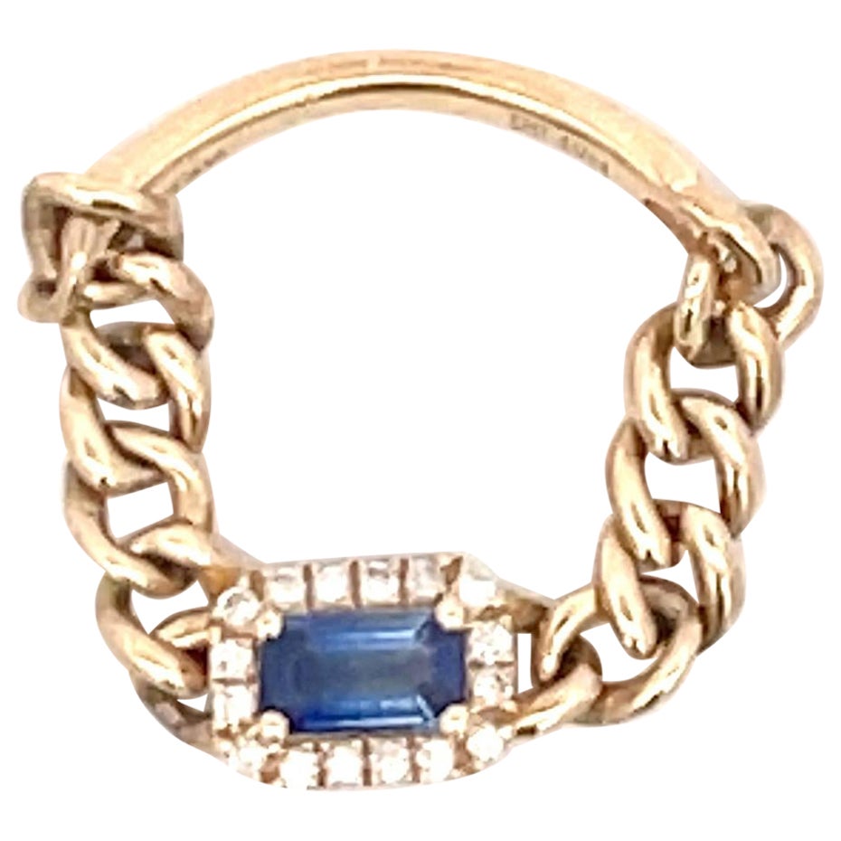 Emerald Cut Sapphire Diamond Cuban Link Chain Ring 14 Karat Yellow Gold For Sale