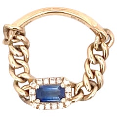 Used Emerald Cut Sapphire Diamond Cuban Link Chain Ring 14 Karat Yellow Gold