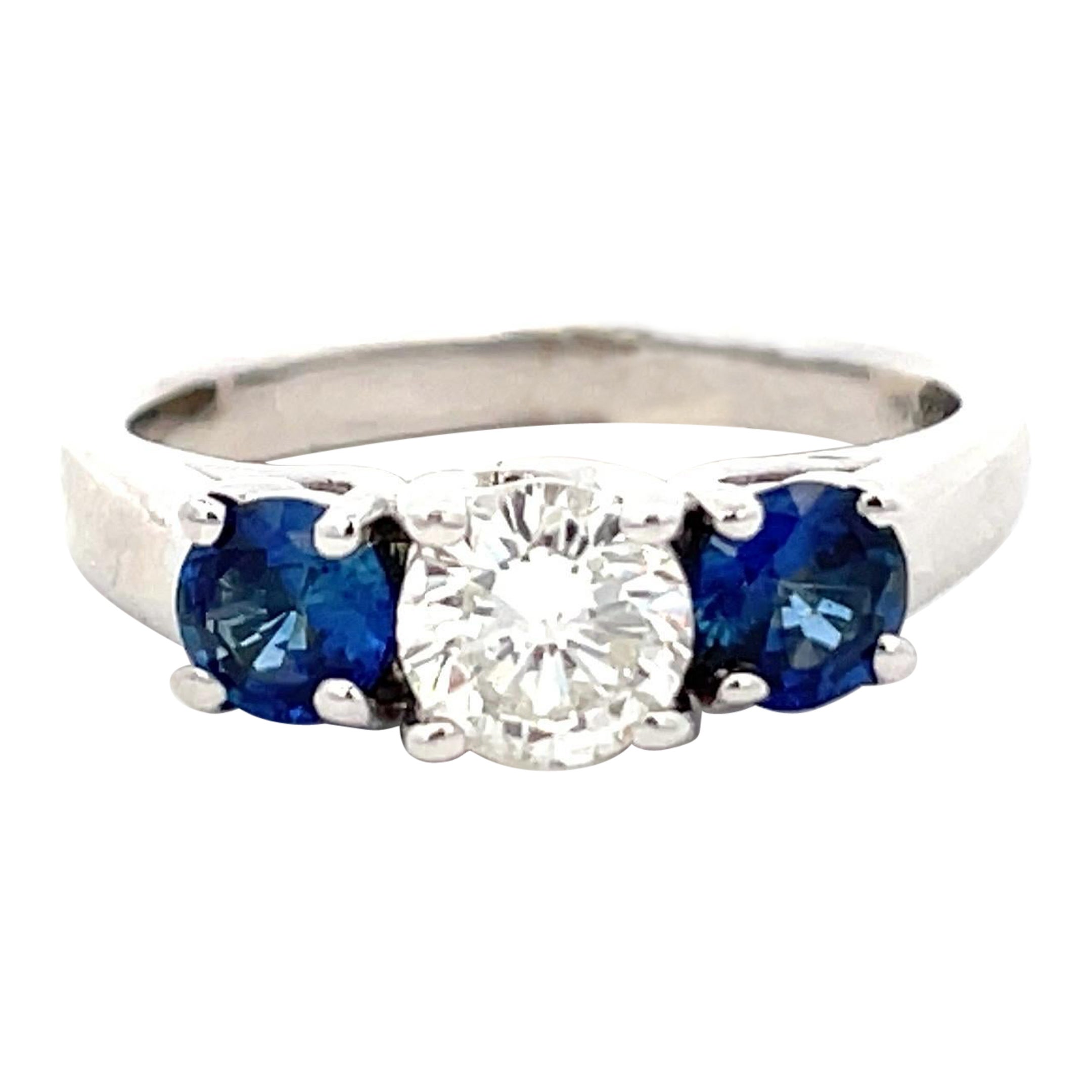 Three Stone Diamond Sapphire Engagement Ring 1.84 Carats 14 Karat White Gold
