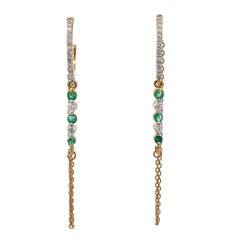 Italian Diamond Emerald Huggie Chain Drop Earrings 1.75 Inches 1.7 Grams
