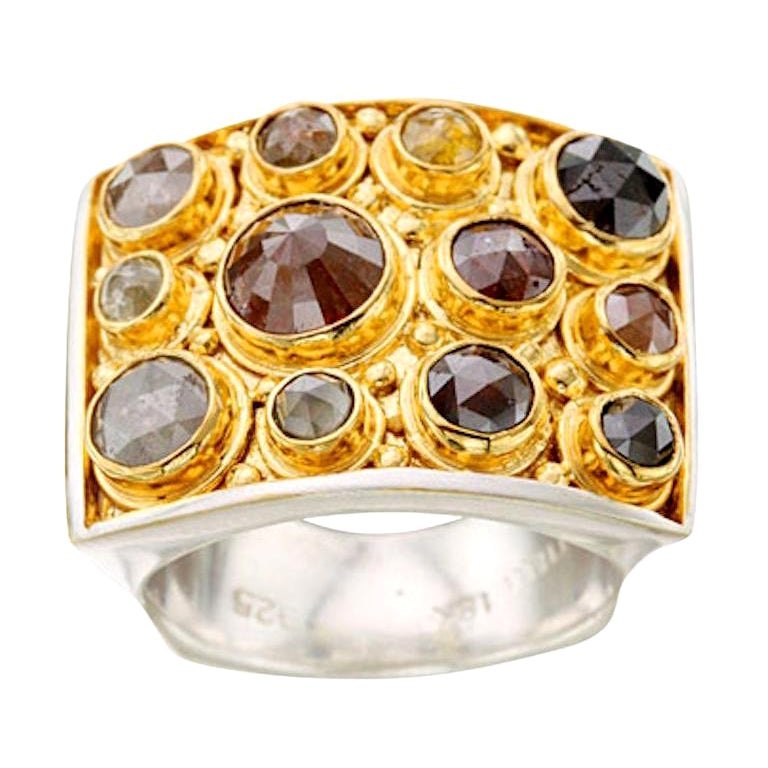Steven Battelle 3.4 Carats Multi Colored Diamonds Silver and Gold Cocktail Ring For Sale