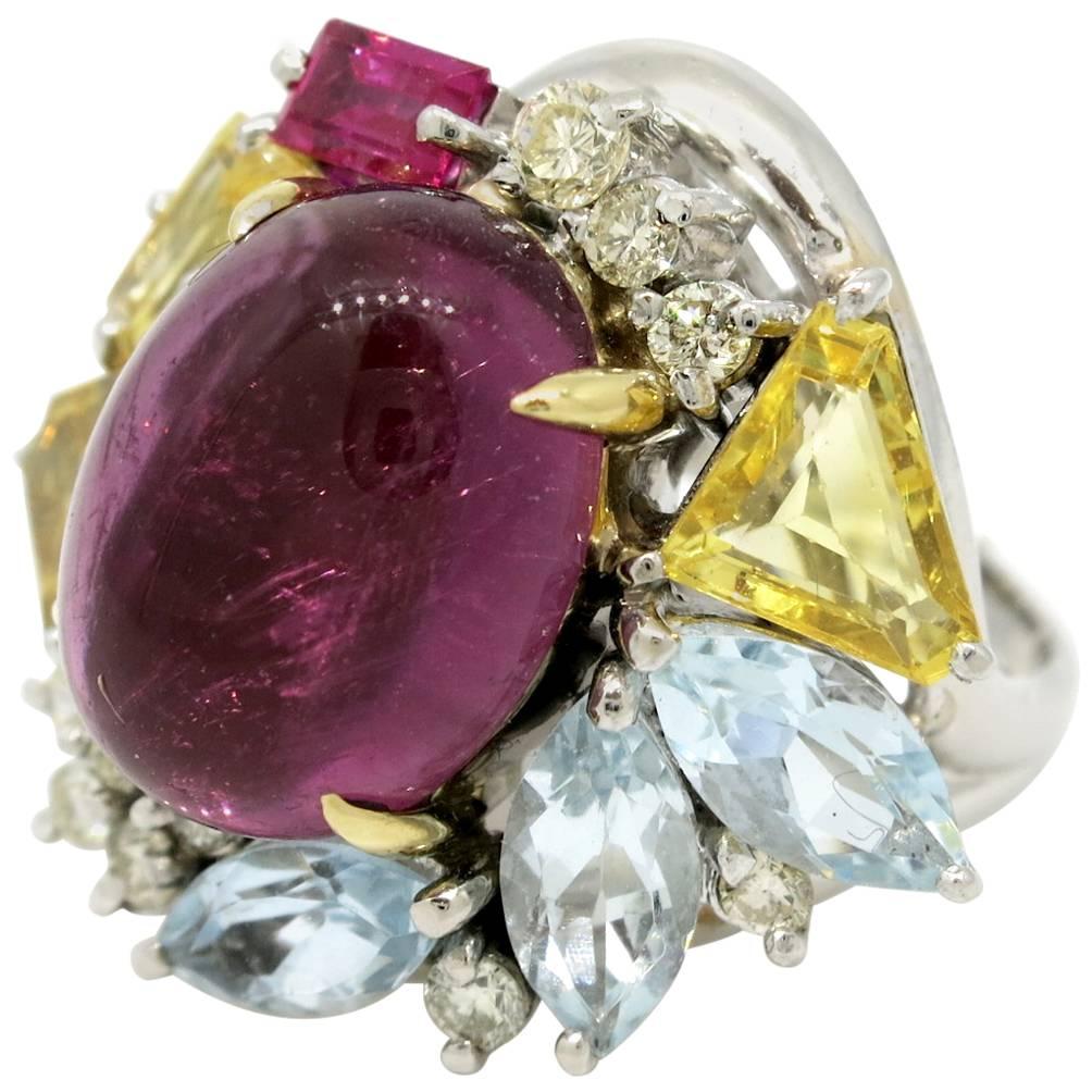 Pink Tourmaline Multi Gem Gold Platinum Cluster Ring For Sale