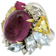 Pink Tourmaline Multi Gem Gold Platinum Cluster Ring