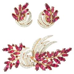 Vintage Trifari Costume Ruby and Diamond Rhinestone Gold Tone Earring and Brooch Suite