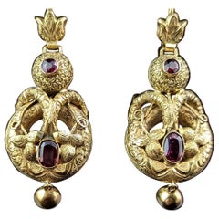 Antique Victorian Garnet Drop Earrings, 18 Carat Gold, Leaves and Vine