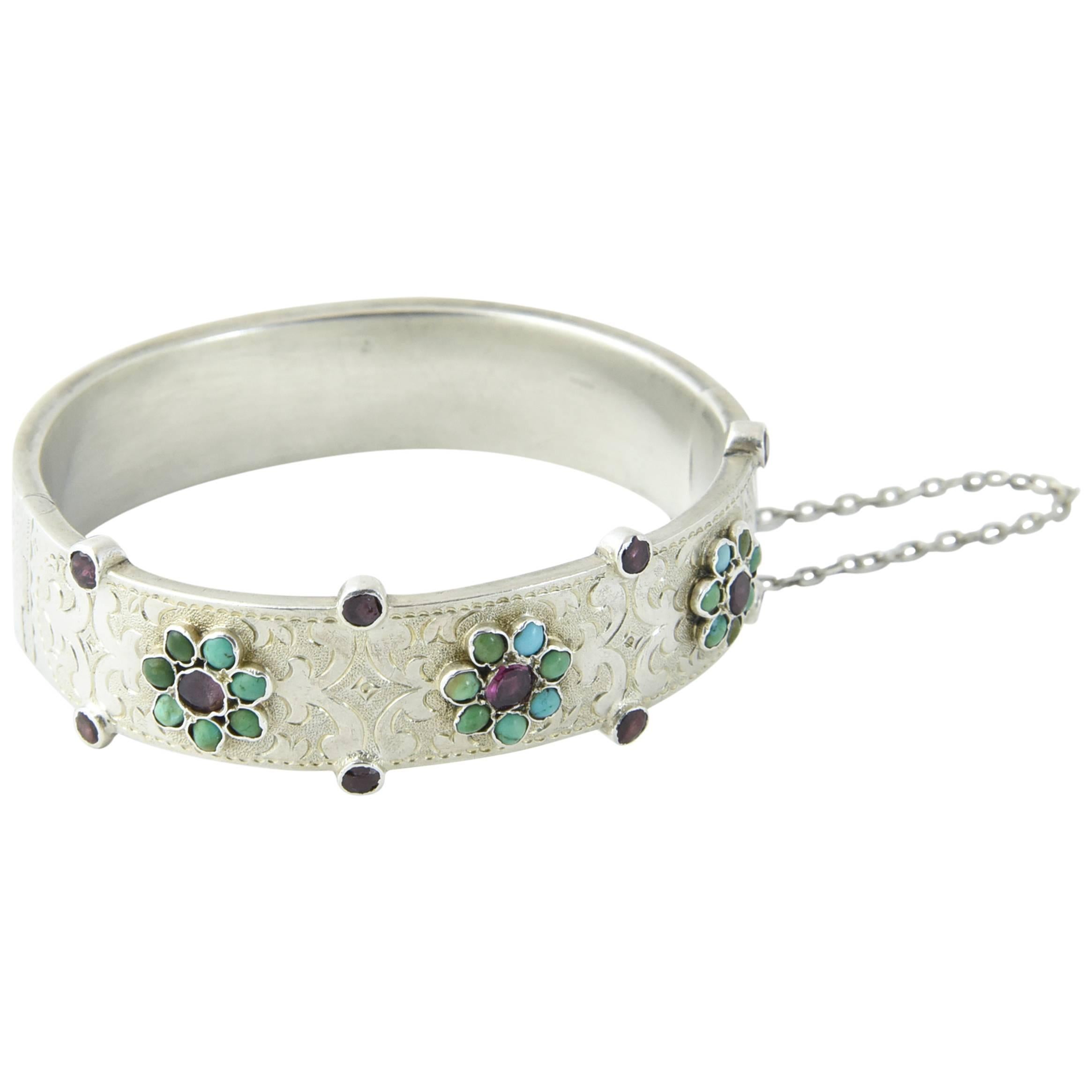 Fine Austro Hungarian Ruby Turquoise Flower Etched Silver Bangle Bracelet For Sale