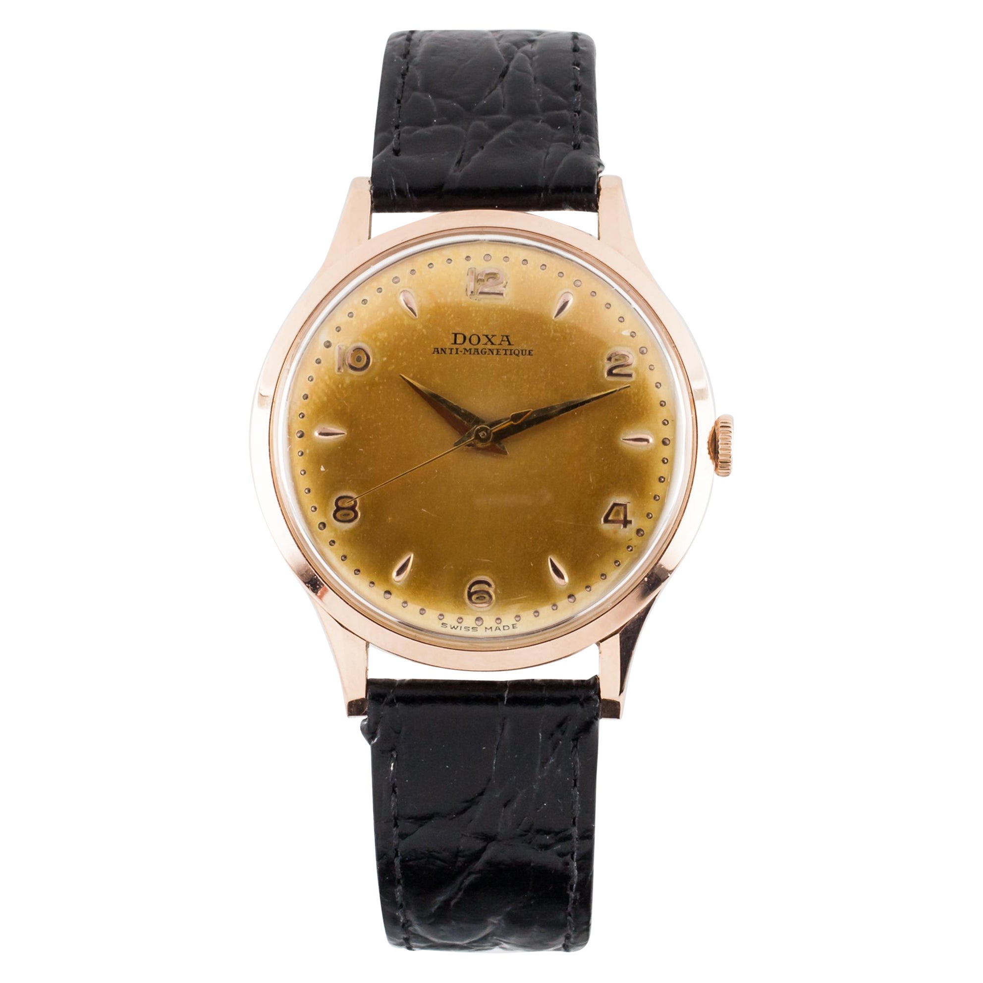 14k Roségold Doxa Hand-Winding Uhr mit einzigartigem Patina-Zifferblatt aus schwarzem Leder