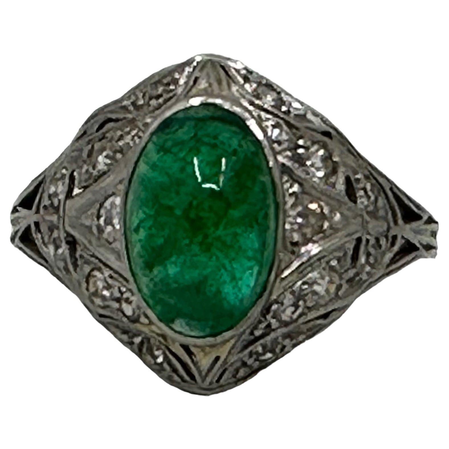 Art Nouveau Emerald and Diamond Cabochon Platinum Ring For Sale