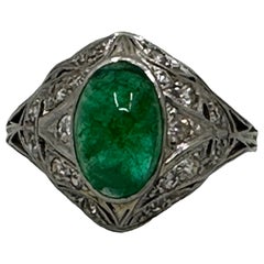 Art Nouveau Emerald and Diamond Cabochon Platinum Ring
