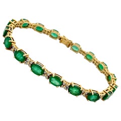 Retro Emerald and Diamond Tennis Bracelet in 14k Yellow Gold
