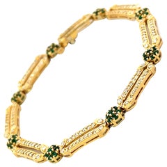 Retro Emerald Flower and Diamond Link Bracelet in 14k Yellow Gold
