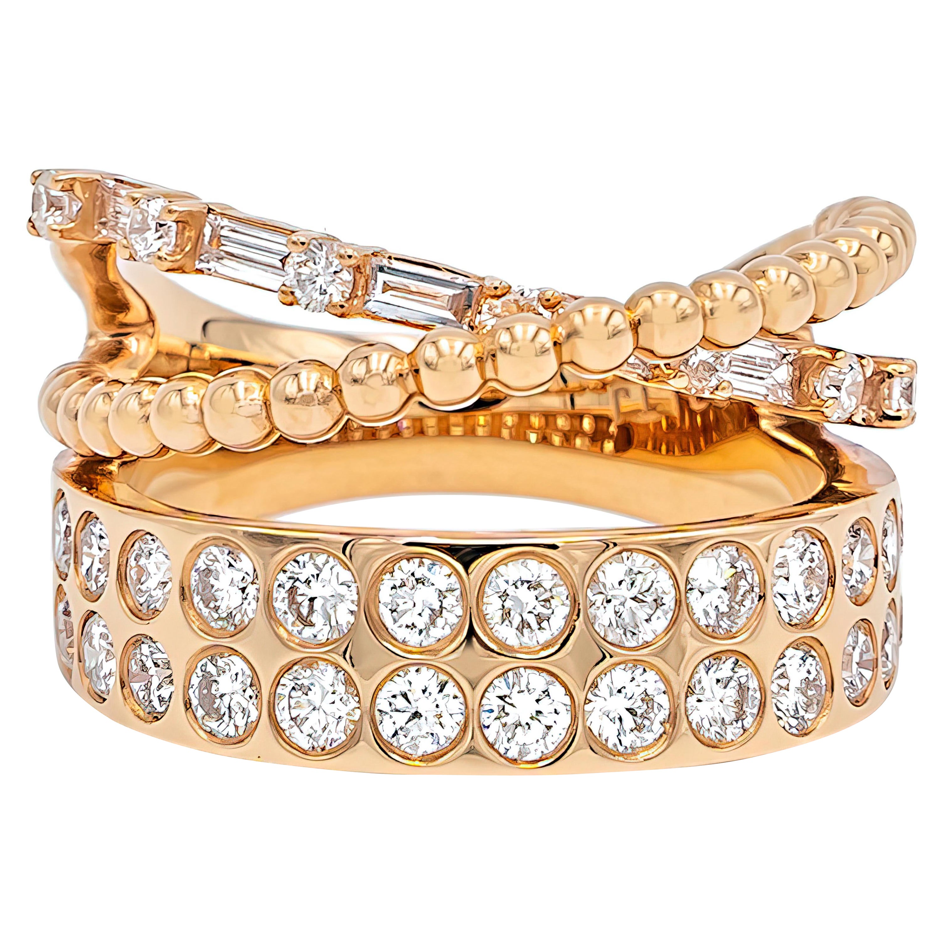 Mix and Matched Round and Tapered Diamonds in Criss Cross Bands, 18k Gold Ring