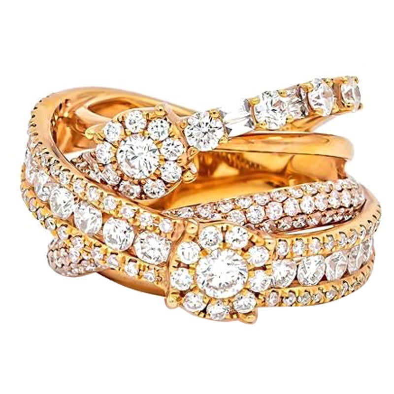 Five Fancy Gold and Diamond Filled Criss-Cross Band Cocktail Ring For Sale