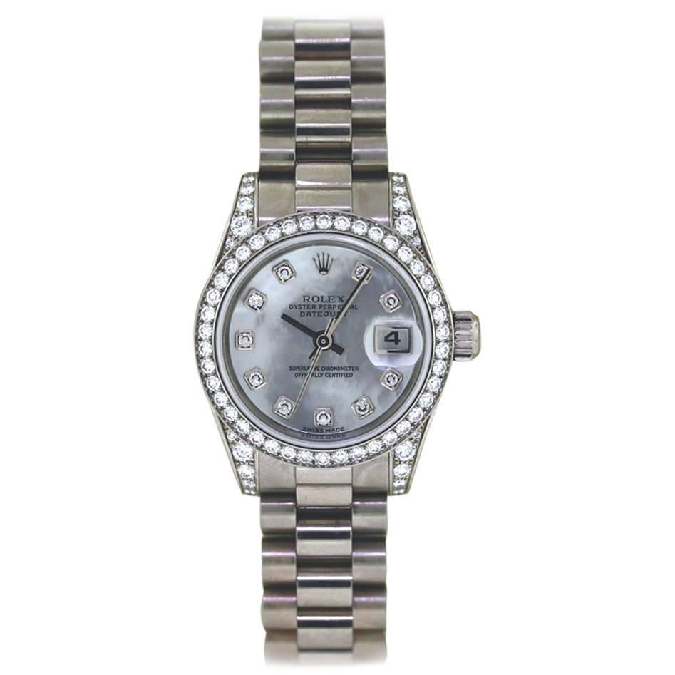 Rolex Ladies White Gold Diamond Mother of Pearl Datejust Wristwatch