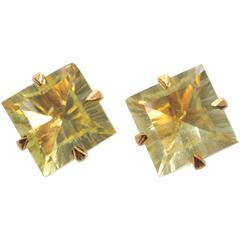 Square Cut Faceted Yellow Topaz Studs 