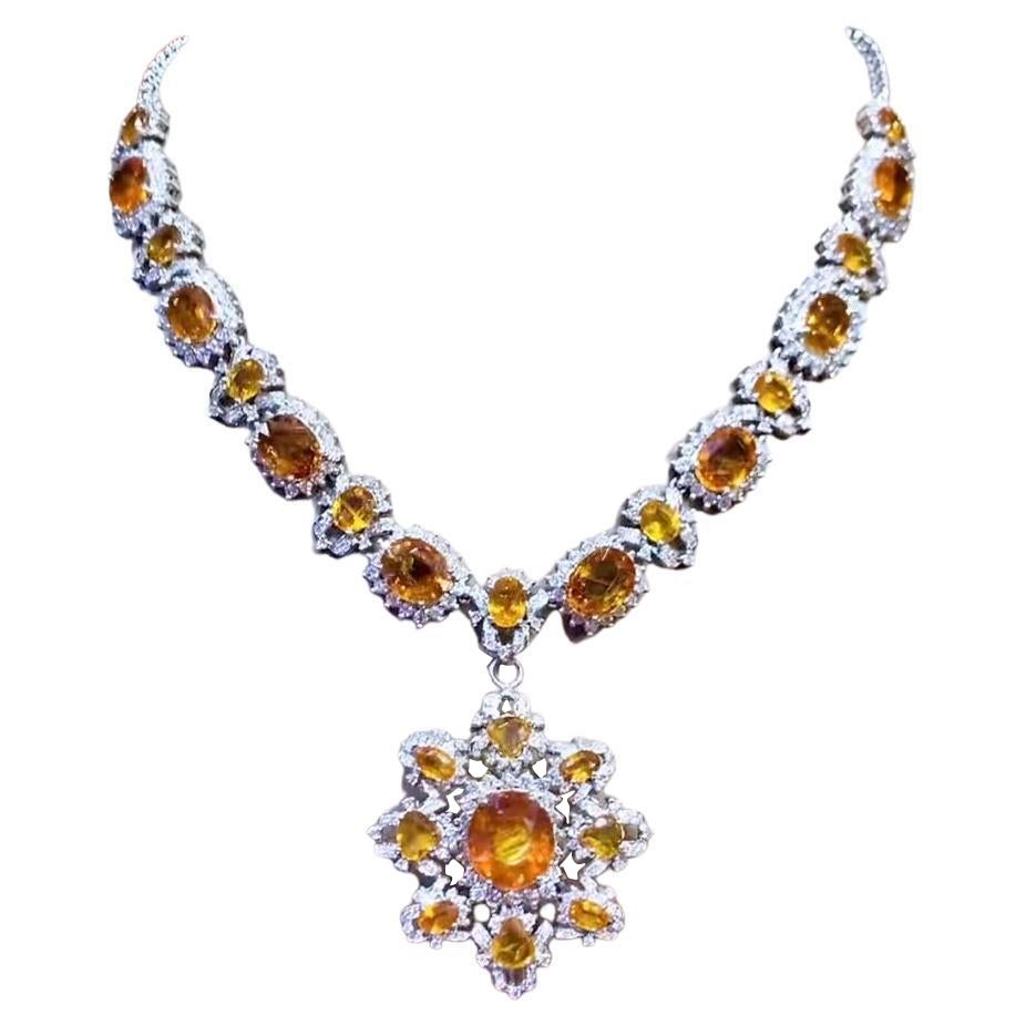 AIG Certified 60.72  Carats Sapphires Diamonds 9.27 Carats 18k Gold Necklace For Sale