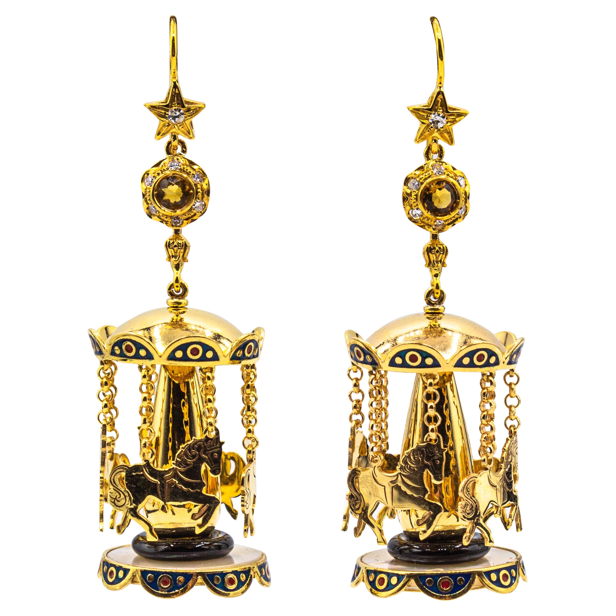 White Diamond Citrine Onyx Pearl Enamel Yellow Gold Stud "Carousel" Earrings For Sale
