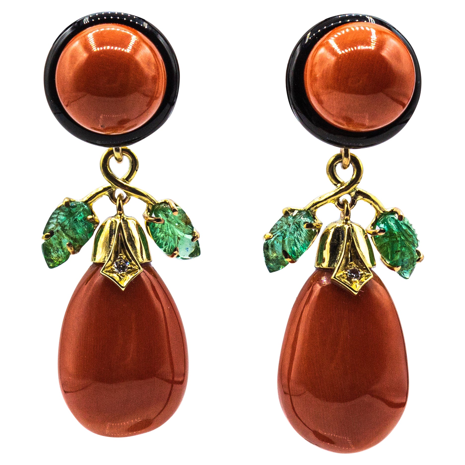 Mediterranean Red Coral White Diamond Emerald Onyx Yellow Gold Clip-On Earrings