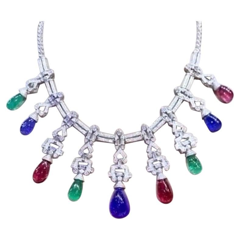 AIG Certified  103.40 Carats Emeralds Tanzanites  Tourmalines  Diamonds Necklace For Sale