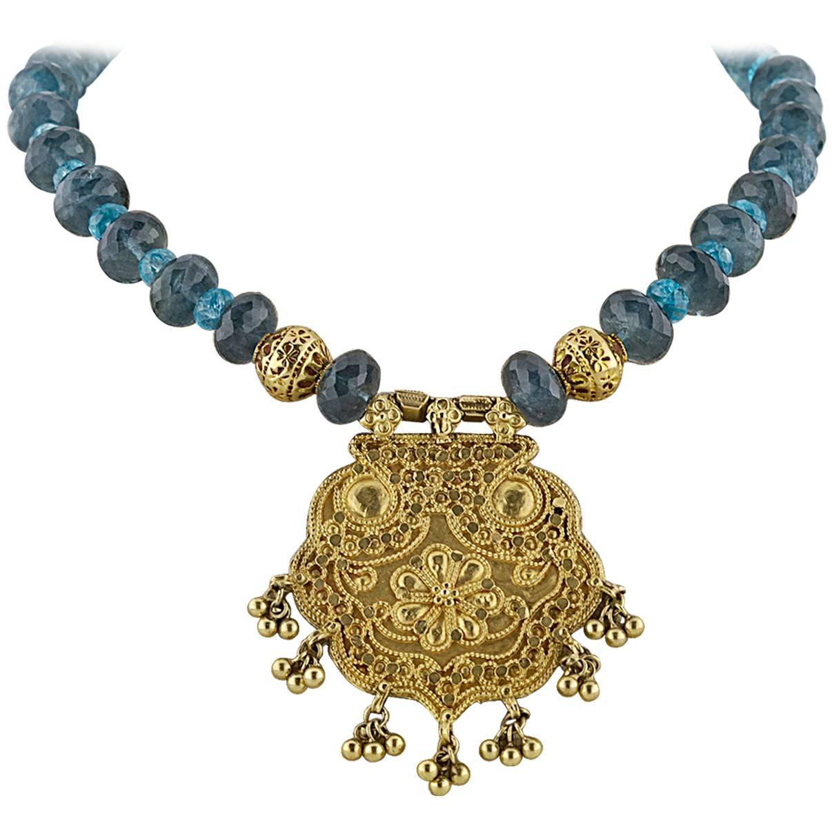 Moss Aquamarine Apatite Beaded Necklace with Gold Medallion