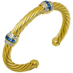 David Yurman Sapphire Diamond Gold Cable Bangle Bracelet