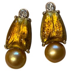 Michael Kneebone Tiffany Art Glass Golden South Seas Pearl Diamond Drop Earrings