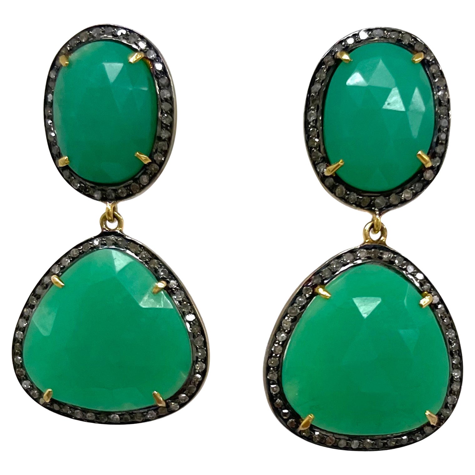 Green Chrysoprase with Pave Diamonds Paradizia Earrings For Sale