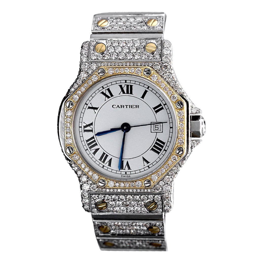 Cartier Santos Octagon 18k Gold and Steel Automatic Ladies Diamond Watch 2966 For Sale